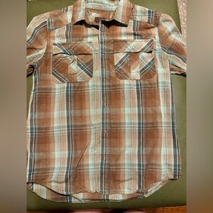 Prana Men's Brown and Blue Plaid Shirt, Size Small, EUC